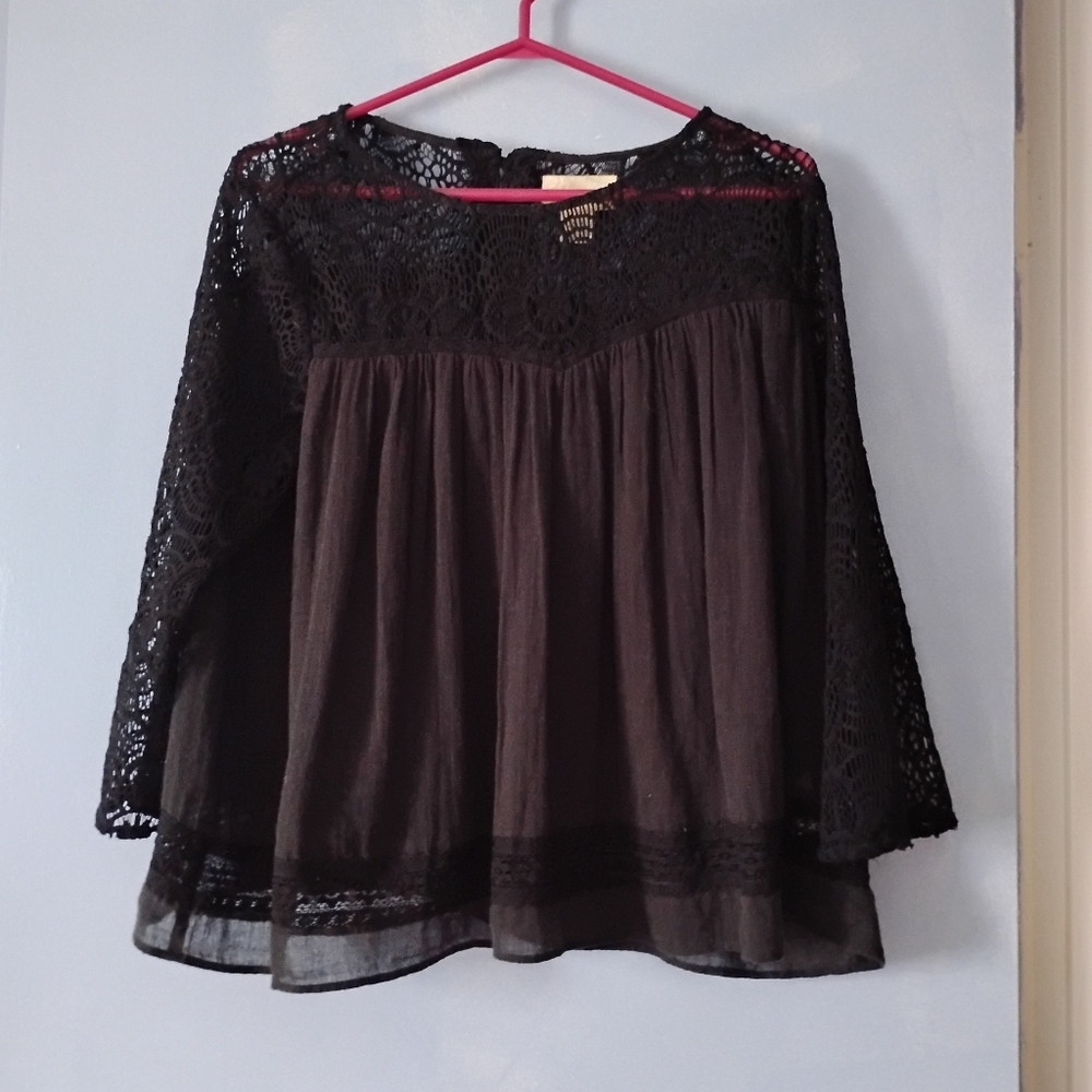 Ralph Lauren Denim & Supply Black Cotton +Crochet Lace Blouse XL